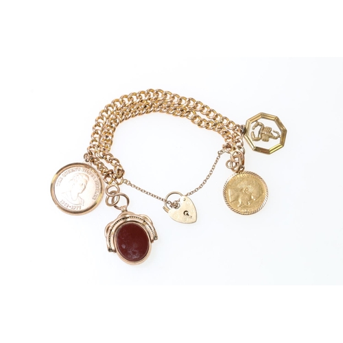 133 - 9ct gold charm bracelet, with four dependant charms to include an 1857 twenty francs, a Queen's Silv... 