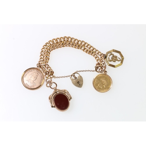 133 - 9ct gold charm bracelet, with four dependant charms to include an 1857 twenty francs, a Queen's Silv... 