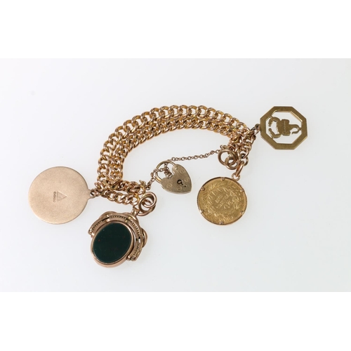 133 - 9ct gold charm bracelet, with four dependant charms to include an 1857 twenty francs, a Queen's Silv... 