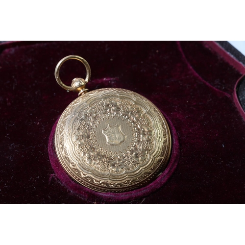 198 - 18ct gold cased pocket watch, the outer case back decorated with central shield surrounded by rings ... 