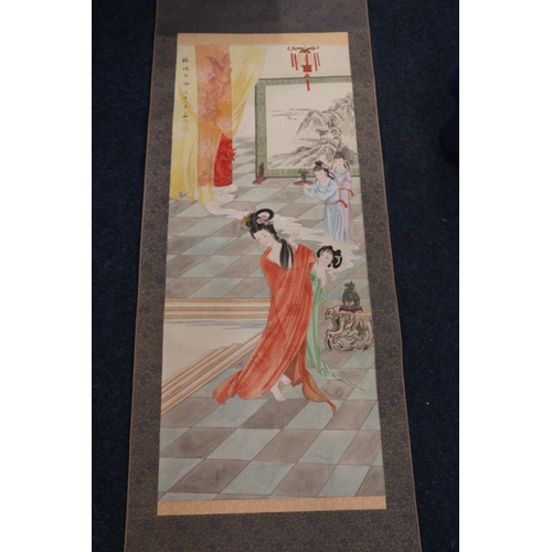 499 - Chinese watercolour of an executioner on silk backing, an embroidered silk panel in blue, 70cm x 15c... 