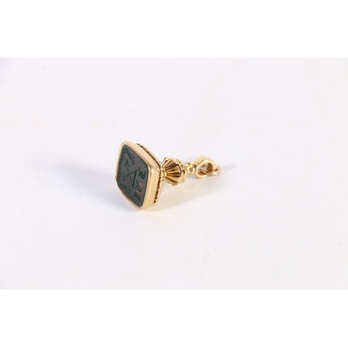 97 - 15ct gold bloodstone set intaglio seal fob 'ad utrumque paratus' - prepared for both, 13.5g.