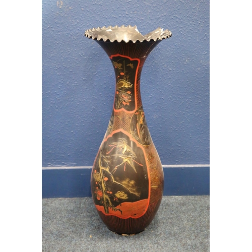 496 - Chinese lacquer and red ground floor standing vase with bird and branch decoration, (a/f) 94cm.