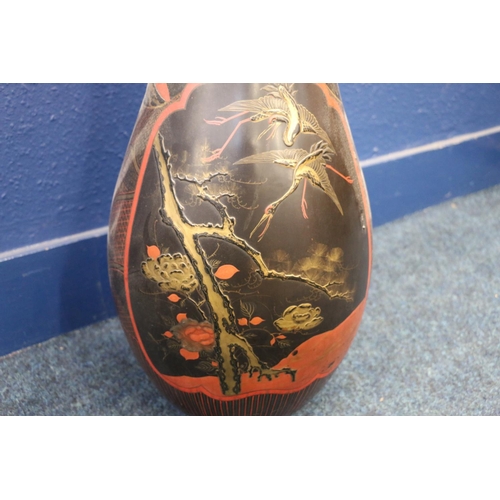 496 - Chinese lacquer and red ground floor standing vase with bird and branch decoration, (a/f) 94cm.