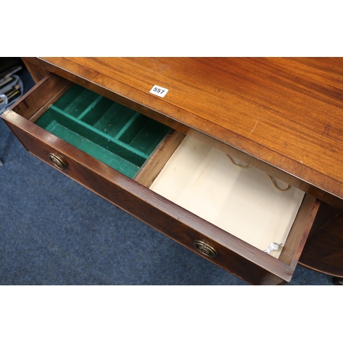 557 - Antique mahogany break-front sideboard, having ledge-back cross-banded sides, raised on square taper... 