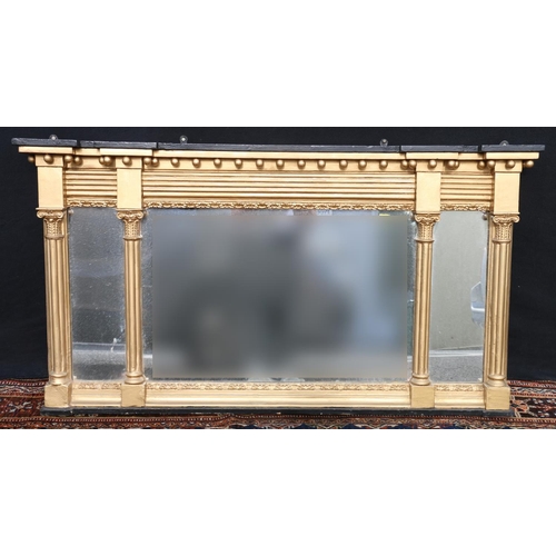 560 - Antique Adams style triptych over mantle mirror with four classic ionic columns and ball frieze, 126... 