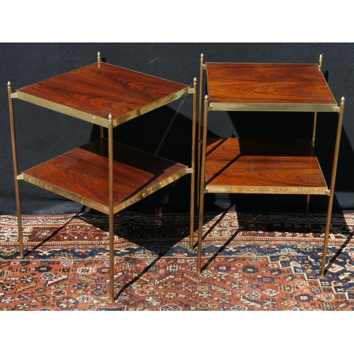 566 - Pair of contemporary brass and rosewood veneered two-tier side tables, the undersides signed C B '42... 