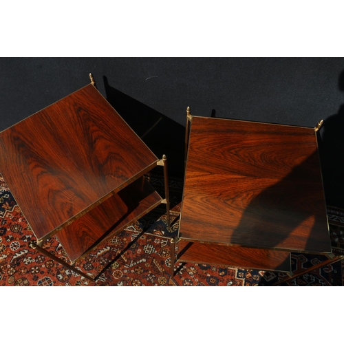 566 - Pair of contemporary brass and rosewood veneered two-tier side tables, the undersides signed C B '42... 