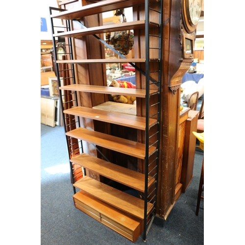 569 - Mid-century teak and metal modular shelving unit, in the manner of Staples Ladderax, 200cm high.