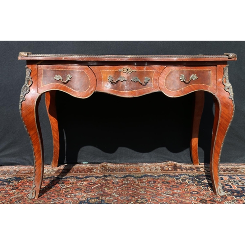 572 - Reproduction French bureau plat, with Kingswood veneer and faux ormolu mounts, raised on cabriole su... 