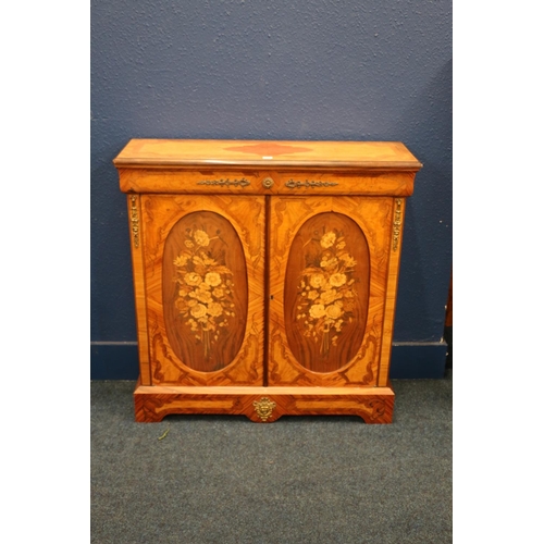 573 - Reproduction side cabinet with faux Dutch marquetry and faux ormolu mounts, raised on plinth base, 1... 