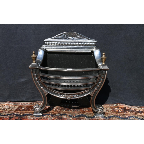 575 - Chromed cast metal fire basket of classical design, upon cabriole supports, terminating in whorl fee... 