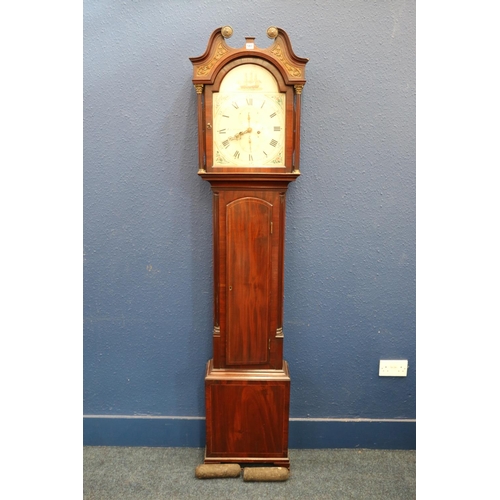 583 - Antique longcase grandfather clock, the painted dial marked for Paterson of Leith, two subsidiary di... 