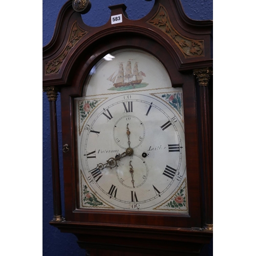 583 - Antique longcase grandfather clock, the painted dial marked for Paterson of Leith, two subsidiary di... 