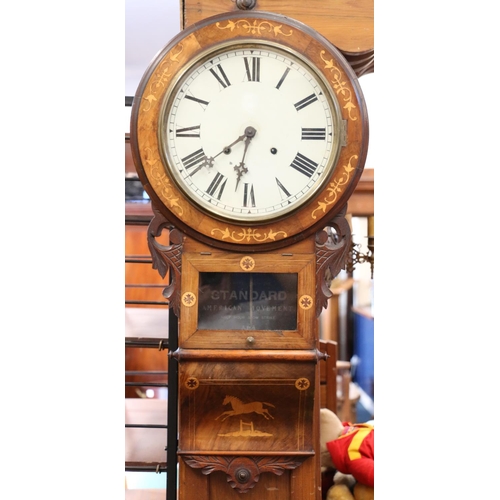 585 - Late Victorian mahogany and inlaid drop dial wall clock, the painted dial with Roman numeral chapter... 