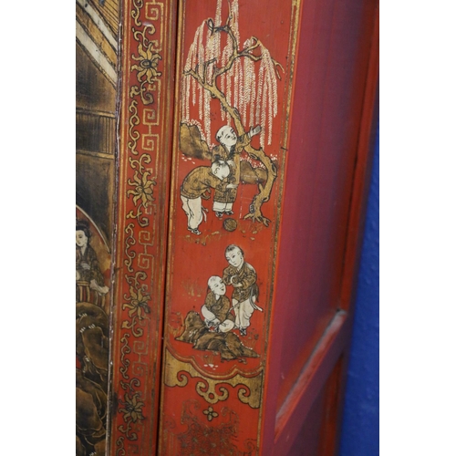 592 - Oriental lacquered two door wardrobe, decorated with figures in a pavilion and traditional scenes, h... 