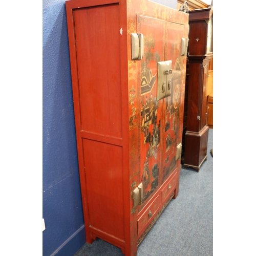 592 - Oriental lacquered two door wardrobe, decorated with figures in a pavilion and traditional scenes, h... 