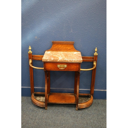 593 - Victorian oak hallstand, having slab marble top, with frieze drawer, flanked by stick stands, 104cm ... 