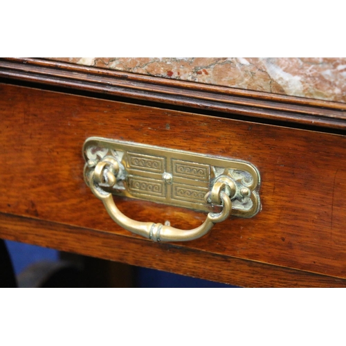 593 - Victorian oak hallstand, having slab marble top, with frieze drawer, flanked by stick stands, 104cm ... 