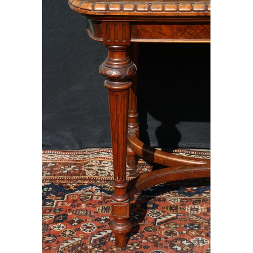 602 - Victorian walnut library table, with inset leather skiver, raised on turned and fluted supports, uni... 