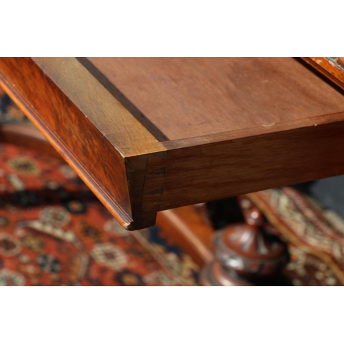 602 - Victorian walnut library table, with inset leather skiver, raised on turned and fluted supports, uni... 