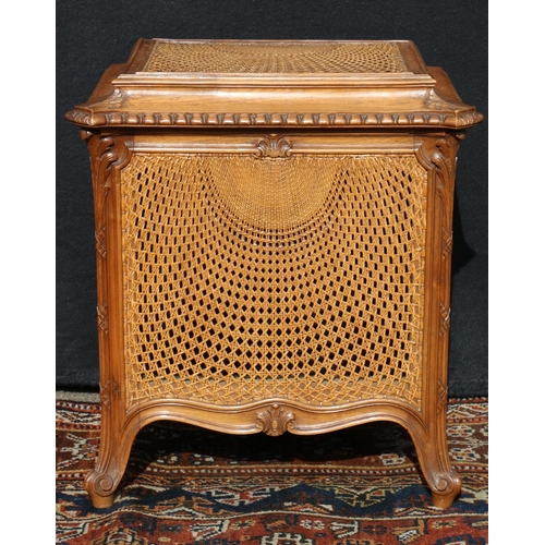 603 - Early 20th century French style walnut hinge-top wine cooler, having ornate bergere work panels, rai... 