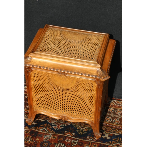 603 - Early 20th century French style walnut hinge-top wine cooler, having ornate bergere work panels, rai... 