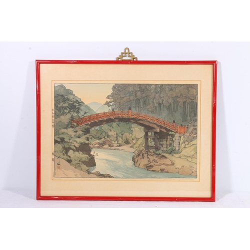 244 - YOSHIDA HIROSHI (Japanese 1876-1950) Sacred Bridge Coloured woodblock print, pencil signed, 25cm x 3... 