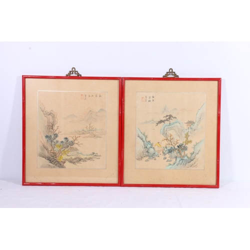 246 - JAPANESE SCHOOL Pair of landscape scenes Watercolours, signed with red seal mark and black... 