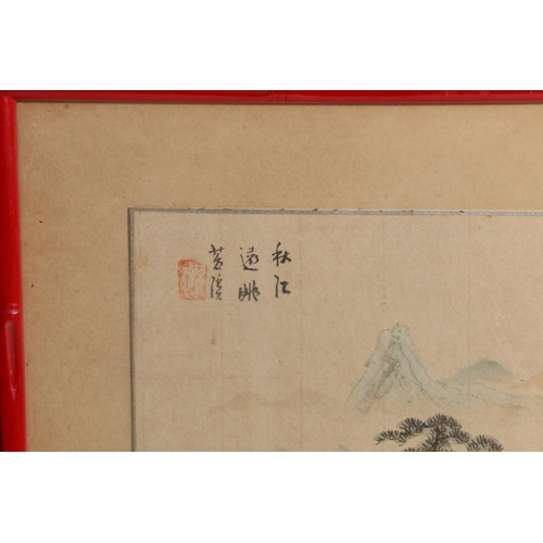 246 - JAPANESE SCHOOL Pair of landscape scenes Watercolours, signed with red seal mark and black... 