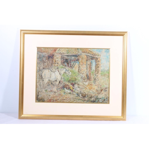 250C - JOHN FALCONAR SLATER (British 1857-1937) Horse and poultry before a gin gan Mixed media, signed lowe... 