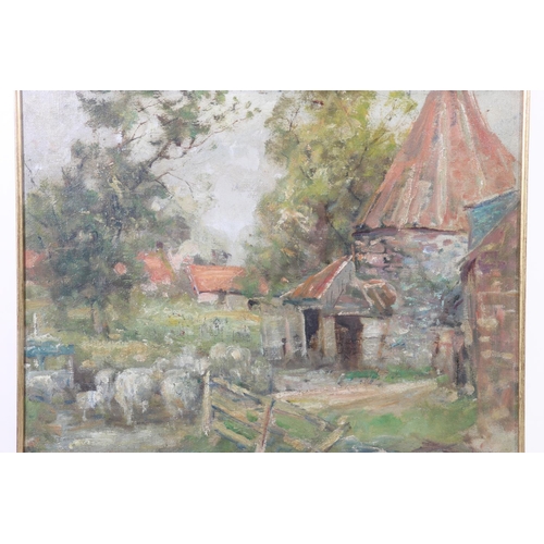 250e - GEORGE SMITH RSA (Scottish 1870-1934) Sheep before farm buildings  Oil on board, unsigned, 30cm x 39... 