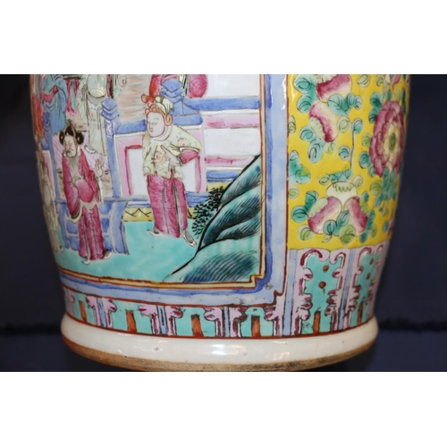 471 - Canton famille rose vase with Dog of Fo handles, the yellow and green ground with foliate, horse and... 