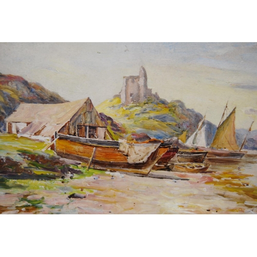 258 - John Carlaw RSW (Scottish, 1850 - 1934)Fishing boats with castle and hills to the backgroundSigned, ... 