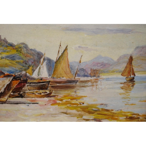 258 - John Carlaw RSW (Scottish, 1850 - 1934)Fishing boats with castle and hills to the backgroundSigned, ... 