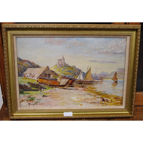 258 - John Carlaw RSW (Scottish, 1850 - 1934)Fishing boats with castle and hills to the backgroundSigned, ... 