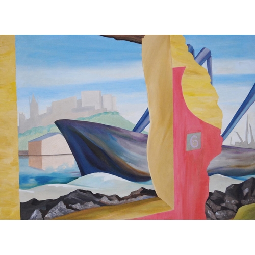 262 - Linklater (Contemporary)Abstract subject with a boat to the foreground, castle and cranes to the bac... 