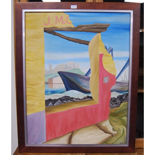 262 - Linklater (Contemporary)Abstract subject with a boat to the foreground, castle and cranes to the bac... 