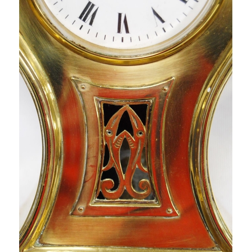 160 - Edwardian brass-cased mantel clock of balloon shape, the white enamel dial with Roman numerals above... 