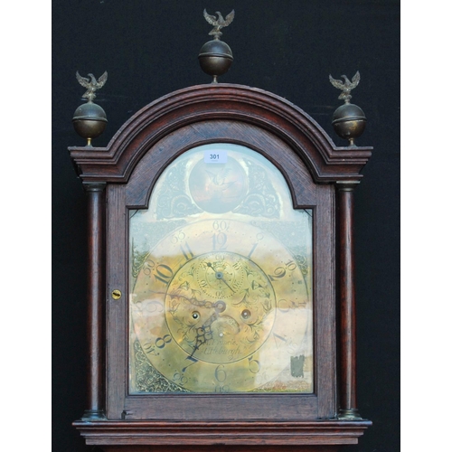 161 - Early 19th century eight day oak-cased longcase clock, the detachable hood with three turned finials... 