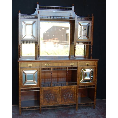 321 - Art Nouveau walnut drawing room cabinet, the top section with an open gallery above a mirrored panel... 