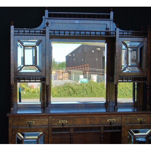 321 - Art Nouveau walnut drawing room cabinet, the top section with an open gallery above a mirrored panel... 