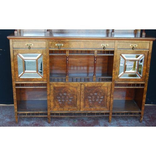 321 - Art Nouveau walnut drawing room cabinet, the top section with an open gallery above a mirrored panel... 