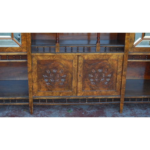 321 - Art Nouveau walnut drawing room cabinet, the top section with an open gallery above a mirrored panel... 