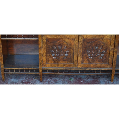 321 - Art Nouveau walnut drawing room cabinet, the top section with an open gallery above a mirrored panel... 