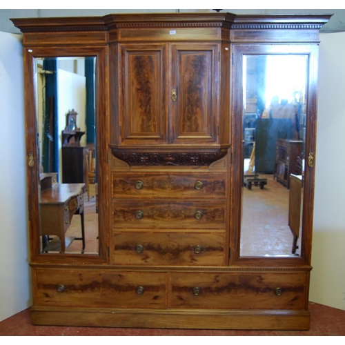 326 - Edwardian inlaid mahogany wardrobe, the shaped cornice with dentil decoration above two doors, carve... 