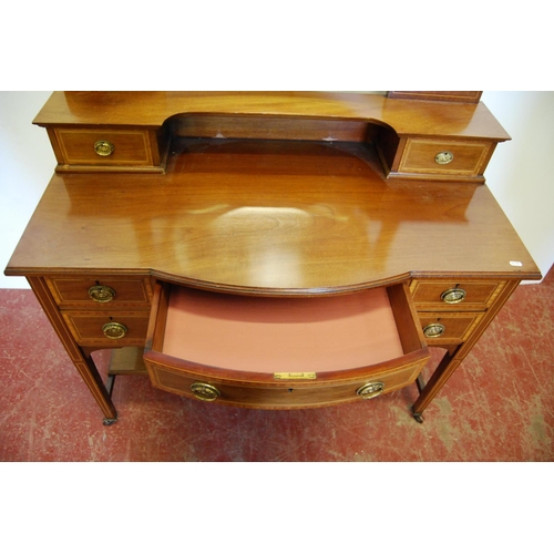 326 - Edwardian inlaid mahogany wardrobe, the shaped cornice with dentil decoration above two doors, carve... 