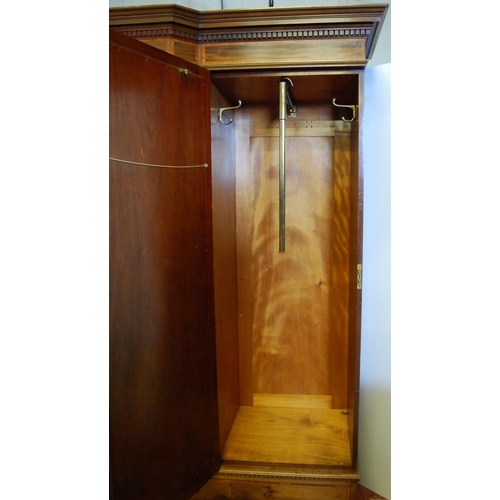 326 - Edwardian inlaid mahogany wardrobe, the shaped cornice with dentil decoration above two doors, carve... 