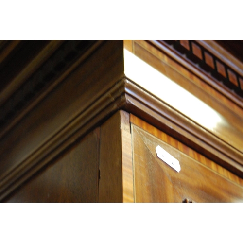 326 - Edwardian inlaid mahogany wardrobe, the shaped cornice with dentil decoration above two doors, carve... 