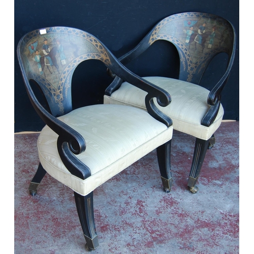 328 - Pair of chinoiserie decorated open armchairs made by Drexel Heritage Furnishings, Drexel USA, each d... 